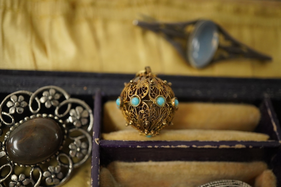 A group of mainly silver and white metal costume jewellery, including a moonstone set brooch, 53mm, a filigree gilt metal and enamel fob and marcasite set bracelet etc.
